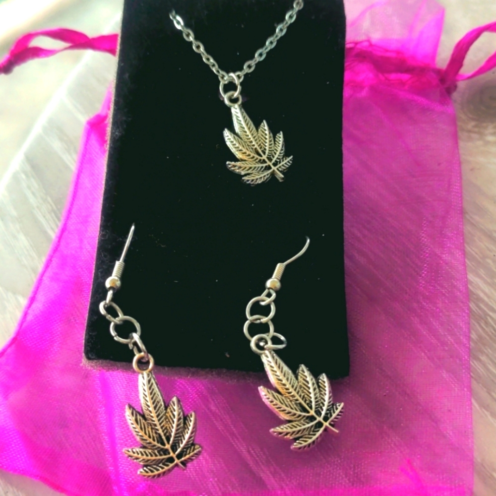 Pot leaf necklace and matching dangle earrings